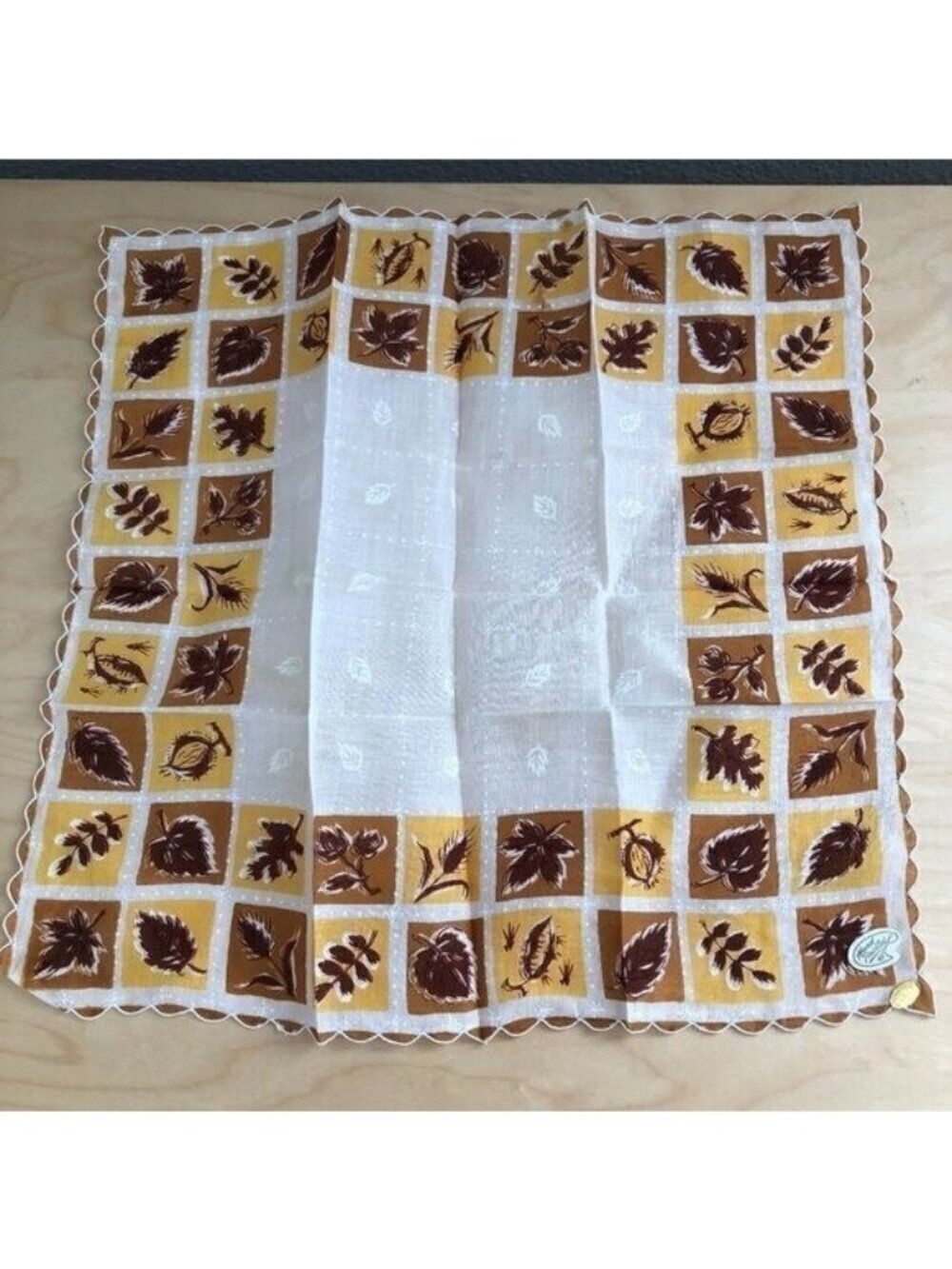 Vintage Hand Printed Handkerchief Golden Leaves Brown Gold White 13.5" SQ NEW